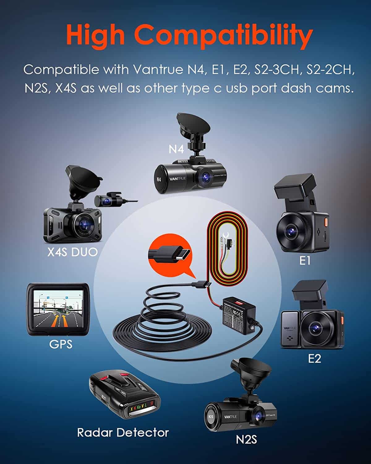 Vantrue 3-Lead ACC Type-C Hardwire Kit for N4, E1, E2, E3, S2, N2S, X4S Dash Cam