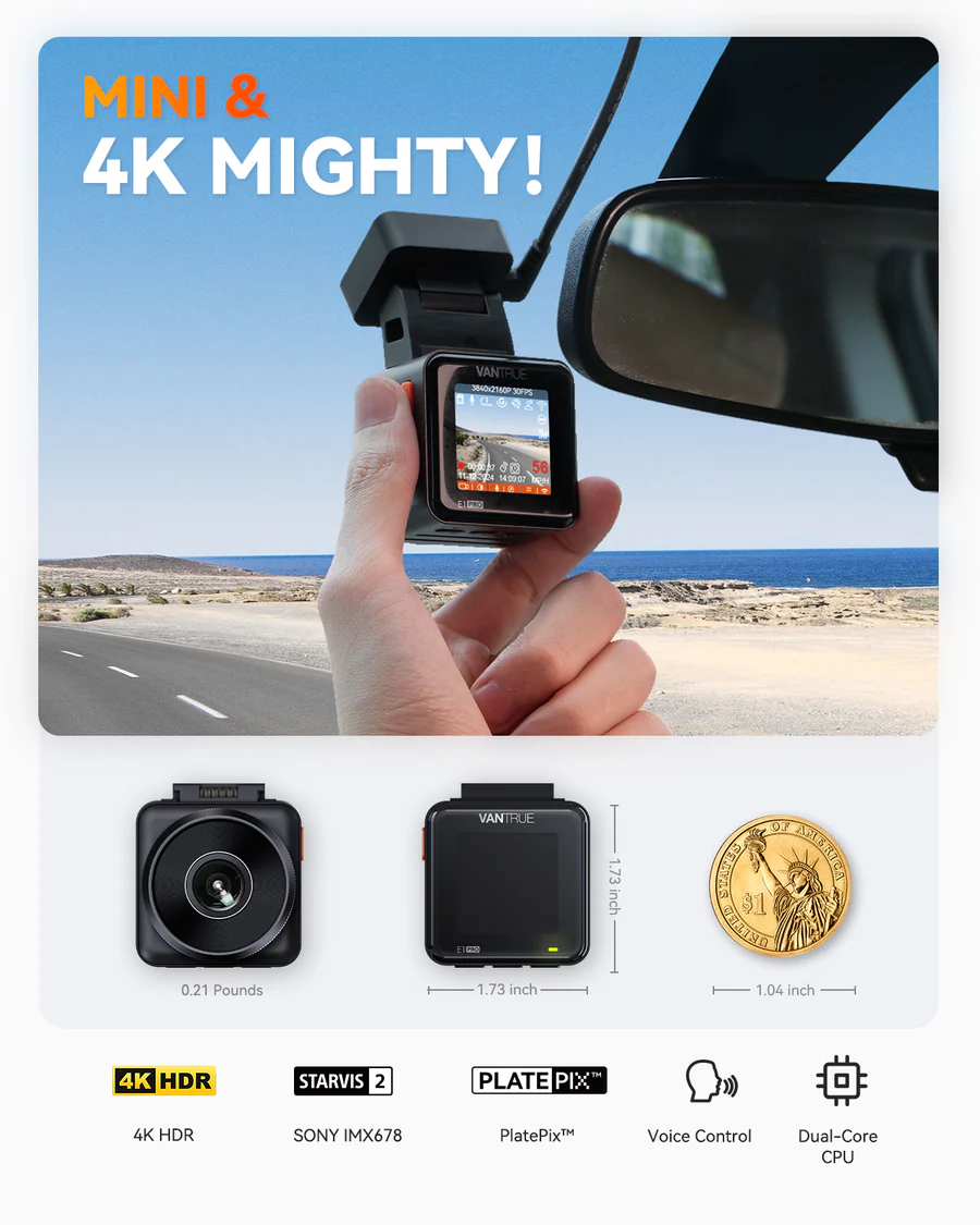 Vantrue E1 Pro 4K Mini Dash Cam, Sony STARVIS 2, PlatePix™, GPS, 5GHz Wi‑Fi, HDR, Voice Control, LTE Ready, 24/7 Parking Mode - Image 2