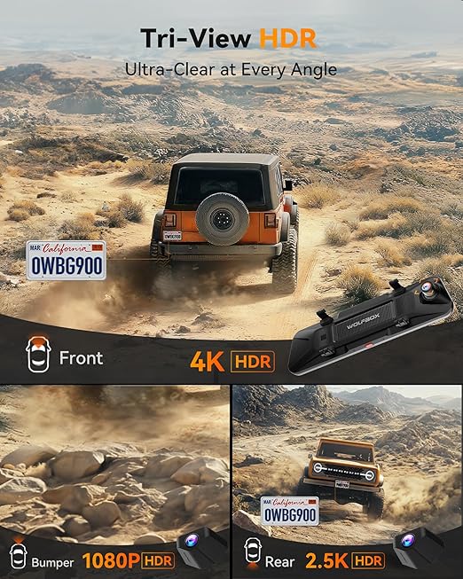 Wolfbox G900 TriPro Bumper Version 3 Channel Rearview Mirror Dash Cam w/ 256GB MicroSD Card - Image 6