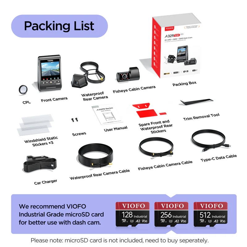 Viofo A329SW 3 Channel Dash Cam – Front 4K 60FPS, 2K Cabin, 2K Rear, Wi‑Fi, Voice Control, Hybrid Parking Surveillance - Image 6