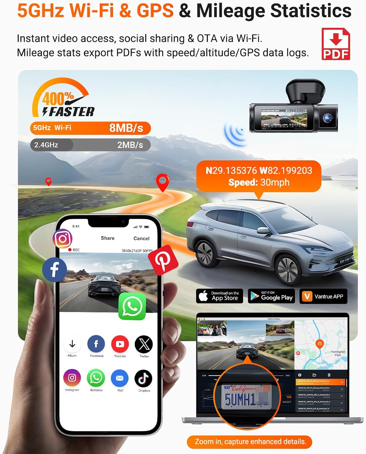 Vantrue N4 Pro S 4K Triple Channel Dash Cam with STARVIS 2, PlatePix License Plate Capture, 5GHz Wi‑Fi & GPS Tracking - Image 7