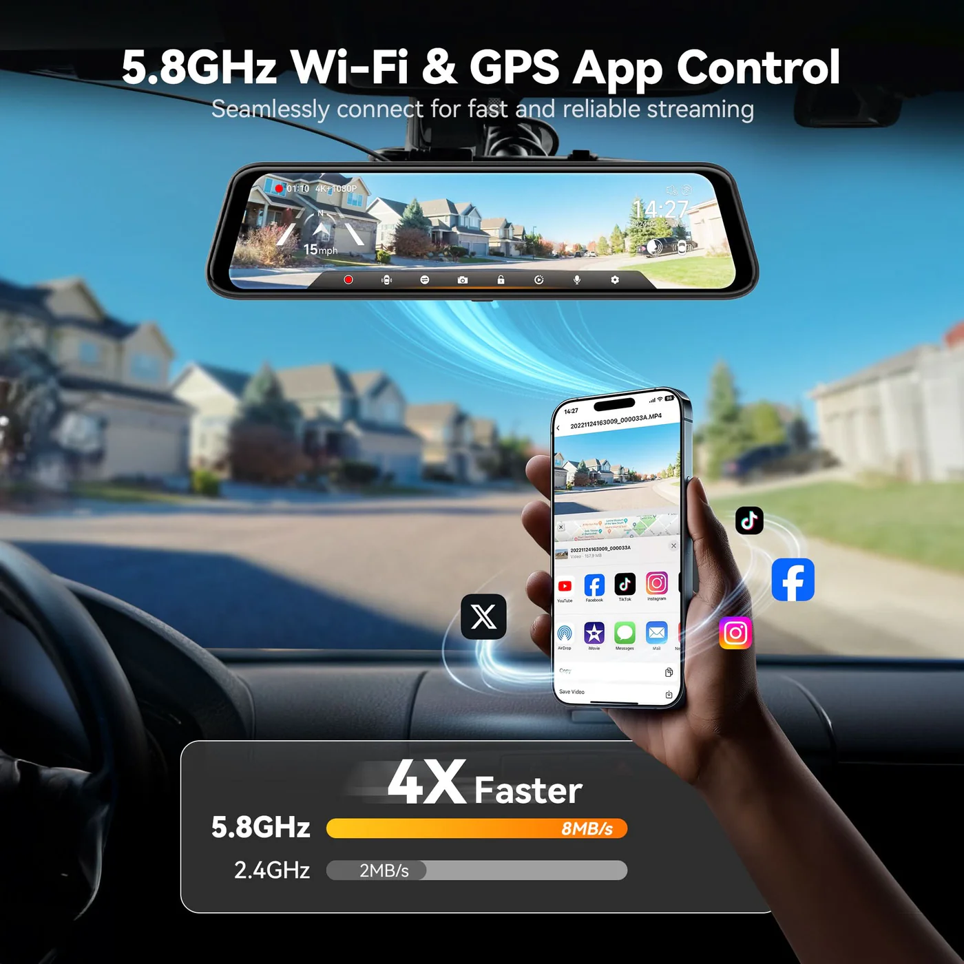 WOLFBOX G850 Pro 4K Wifi ADAS Front and Rear Mirror Dash Cam w/ 64GB MicroSD Card - Image 5