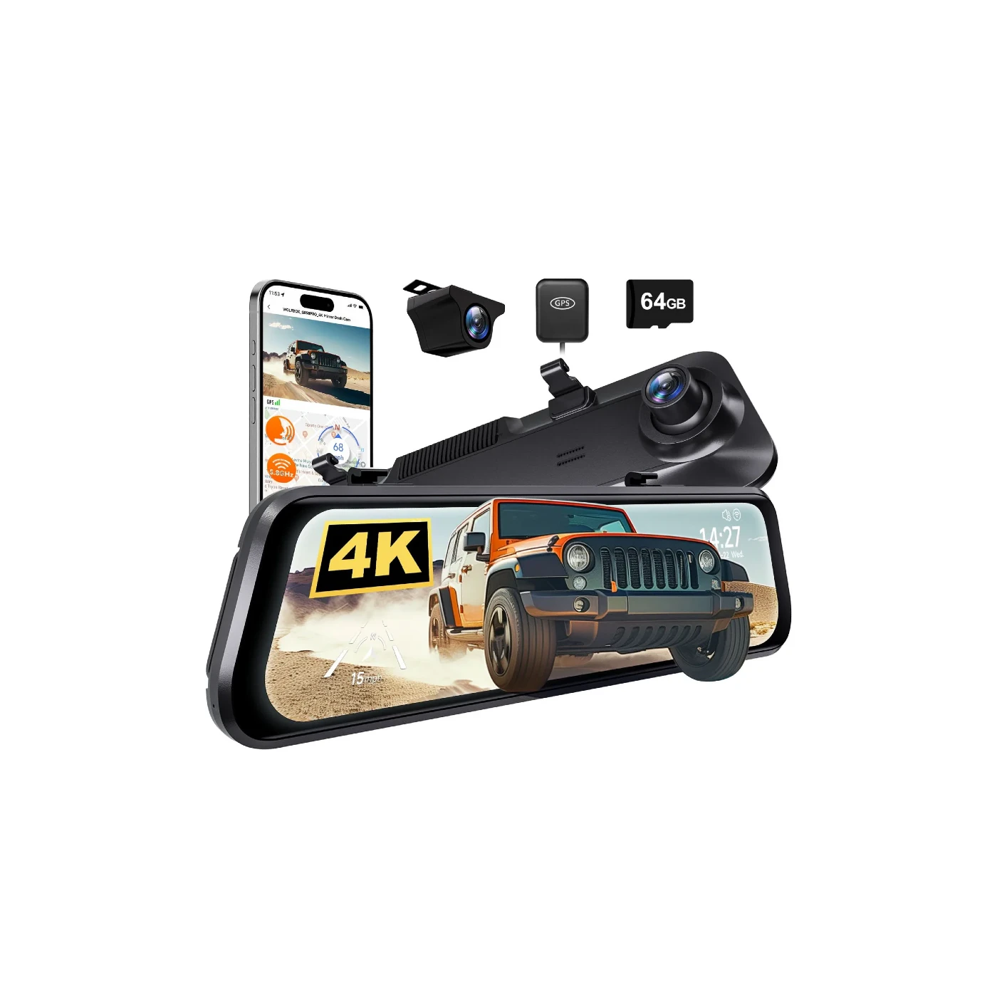 WOLFBOX G850 Pro 4K Wifi ADAS Front and Rear Mirror Dash Cam w/ 64GB MicroSD Card